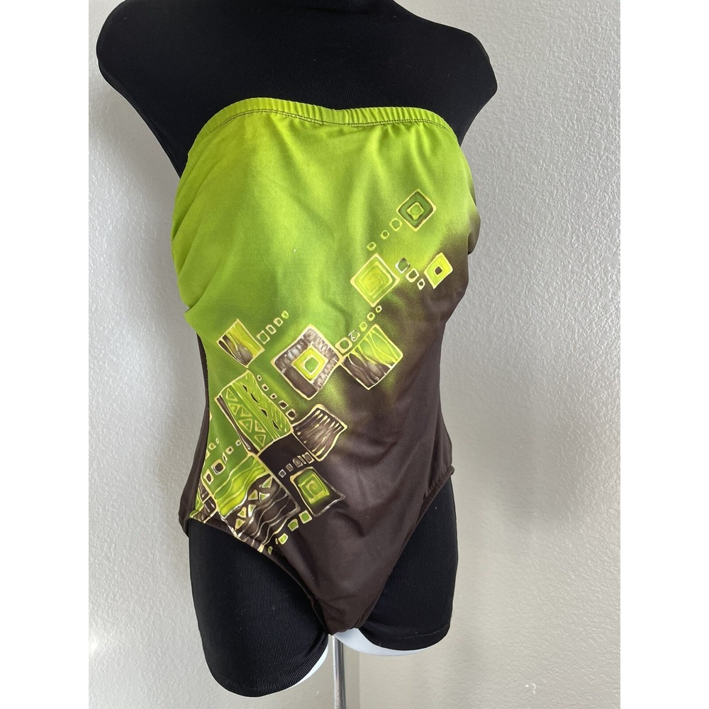 VTG Slimsuit One Piece Swimsuit Underwire support Strapless Green brown USA 12